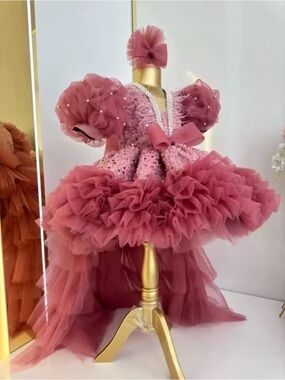 Dusky Rose Tulle Party Dress with Puff Sleeves